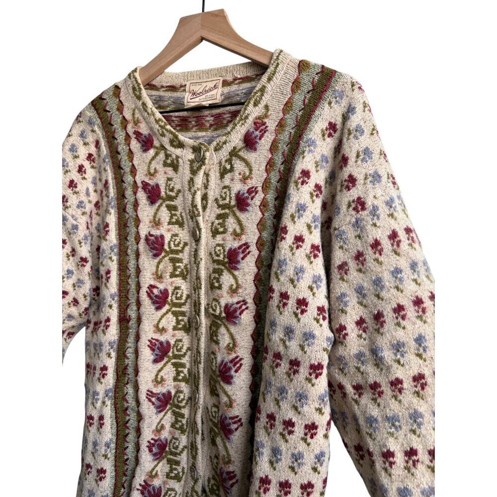 Vintage 90s Woolrich L Wool Floral Flower Embroidered Knit Cardigan Sweater - Picture 5 of 5